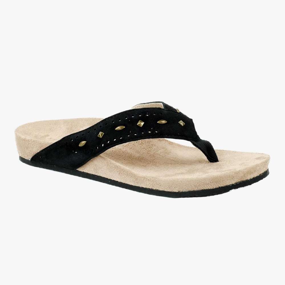 REVITALIGN Black and Tan Sandals women’s Lena stud flip-flop new..